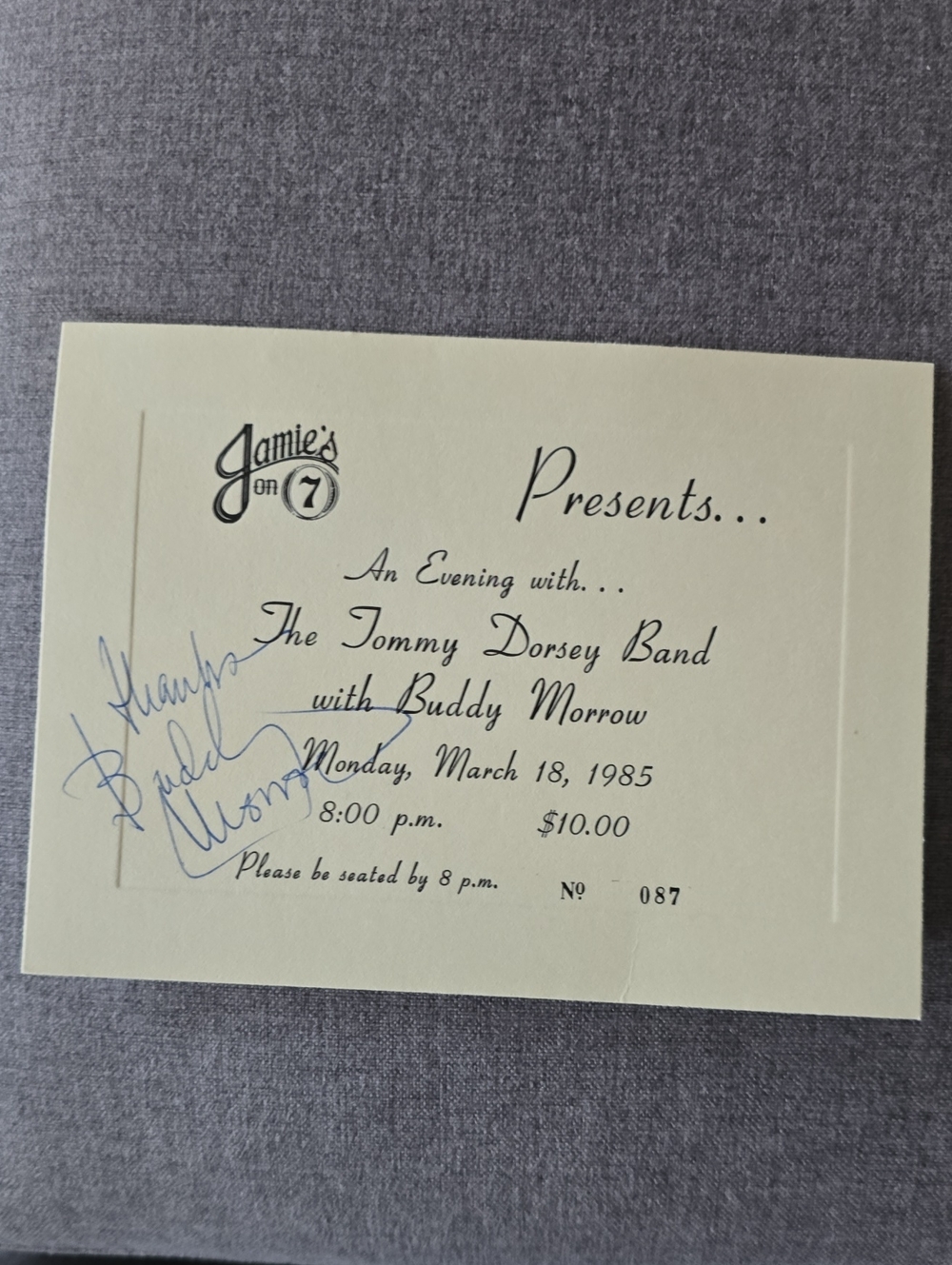 Buddy Morrow Touring With The Tommy Dorsey Band Autograph Signed Event Ticket